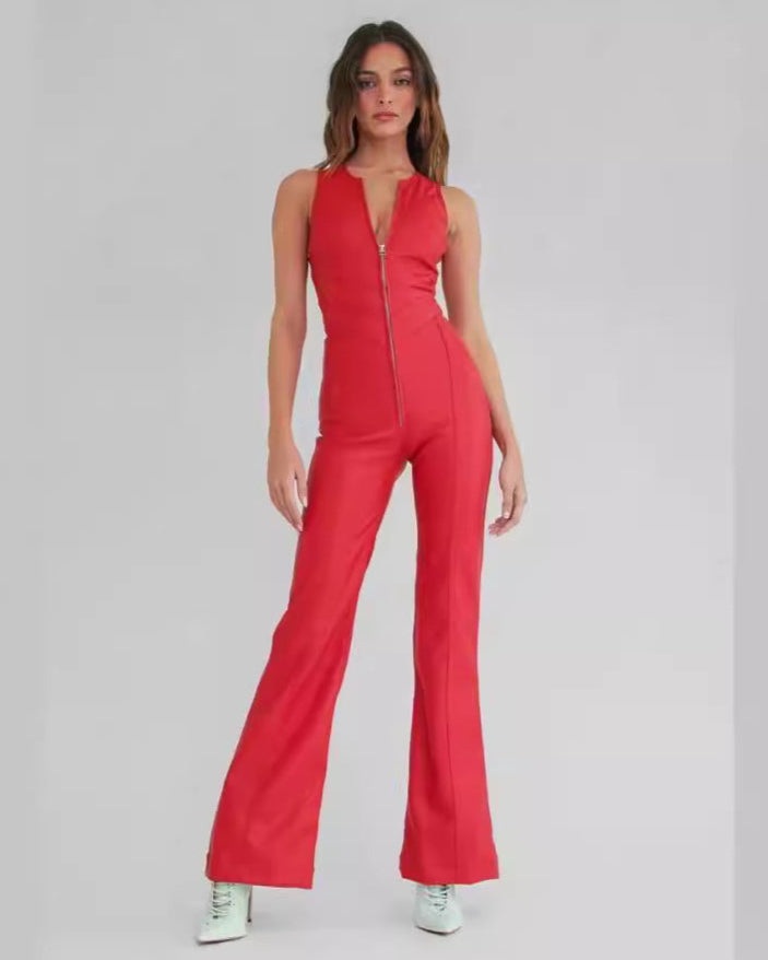 Backless Denim Jumpsuit RED