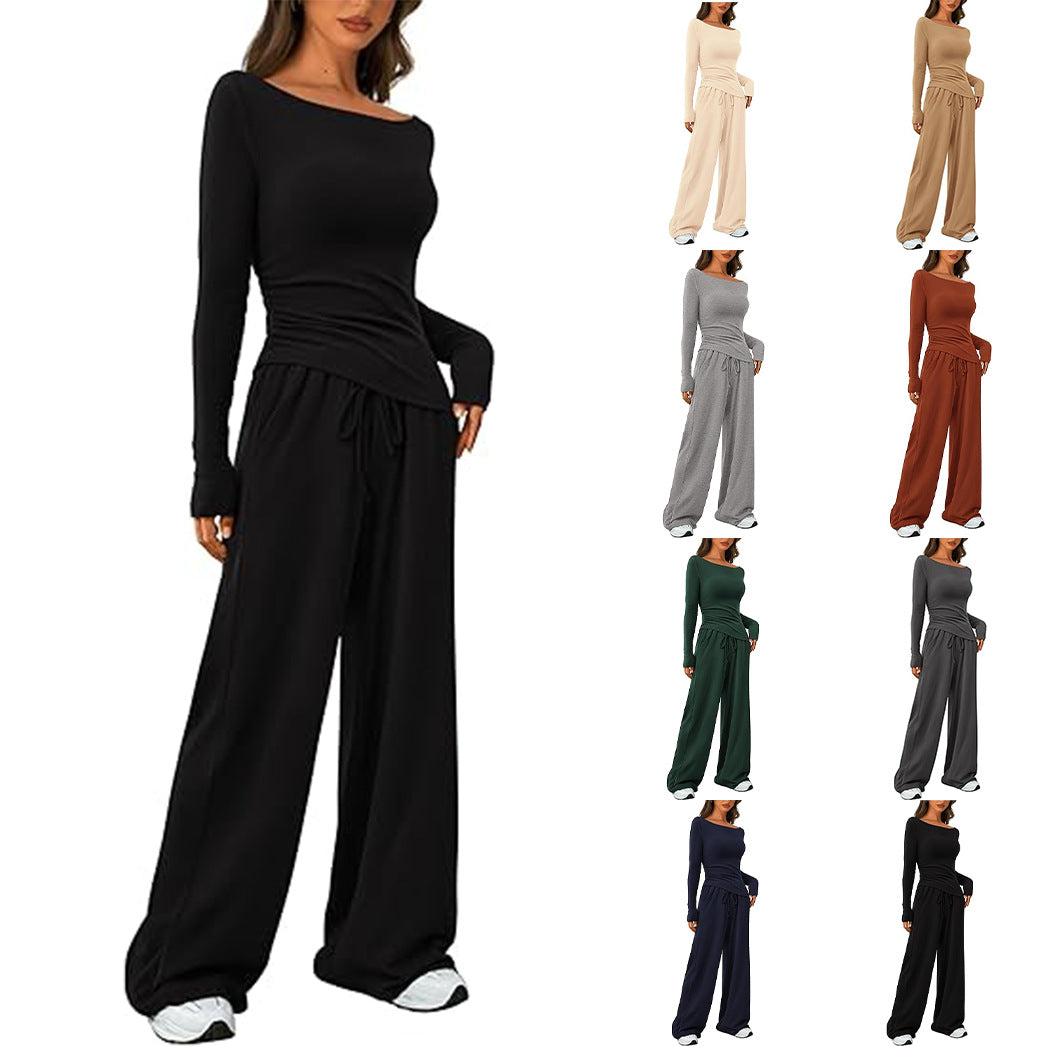 Asymmetrical Long-Sleeve T-Shirt and Wide-Leg Pants Casual Set
