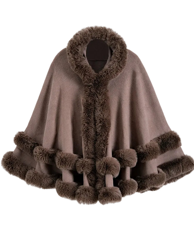Faux Fur Trim Hooded Cape Poncho