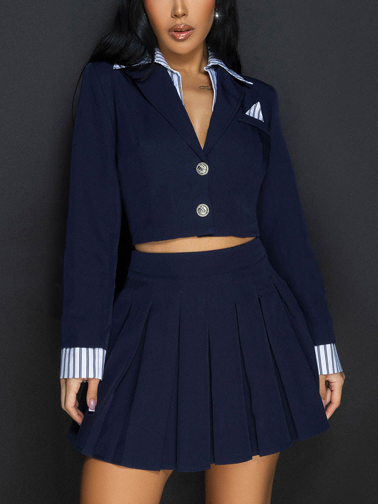 Blazer Jacket Pleated Skirt Set