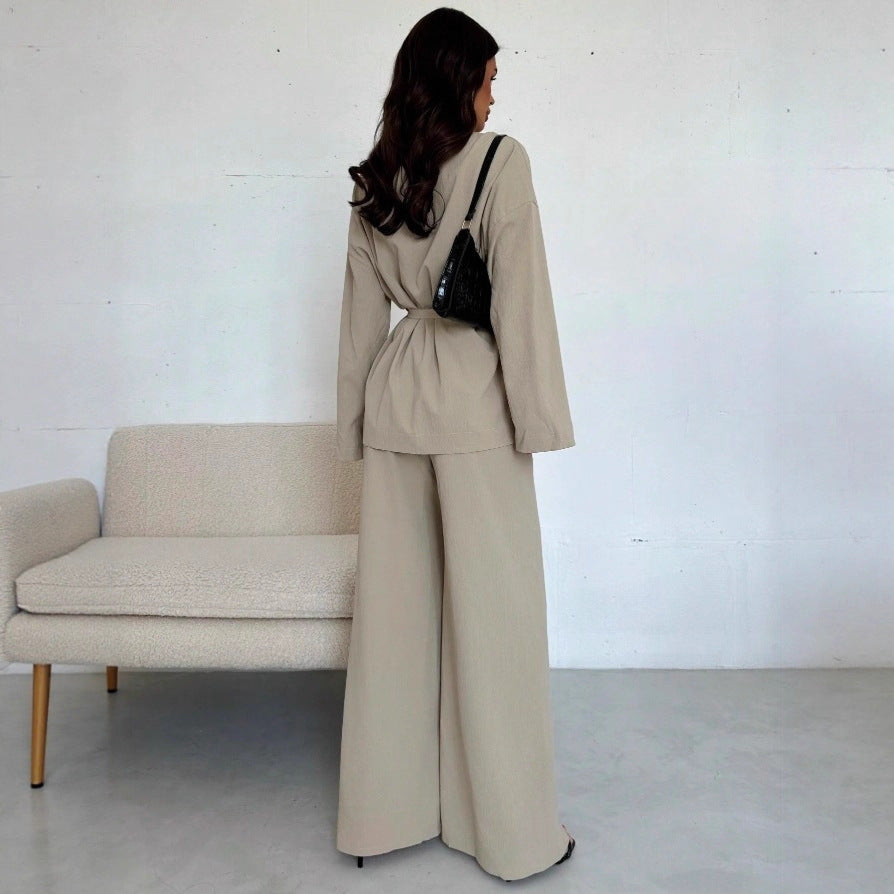 V-neck Elegant Long-Sleeve Wide-Leg Pantsuit