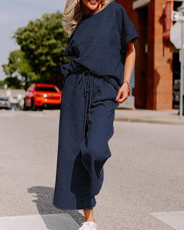 Textured Loose Fit Pants Set NAVY