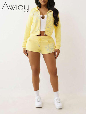 Printed Zip-Front Hoodie & Shorts Set