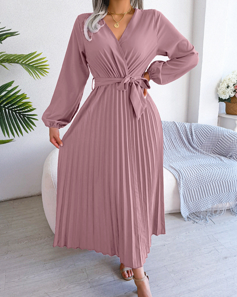 Deep V-Neck Pleated Dress Pink