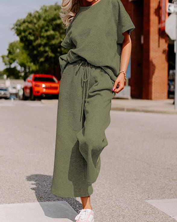Textured Loose Fit Pants Set OLIVE