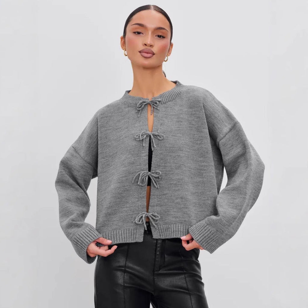 Autumn Casual Oversized Cardigan with Tie-Front in Solid Color Knit Sweater