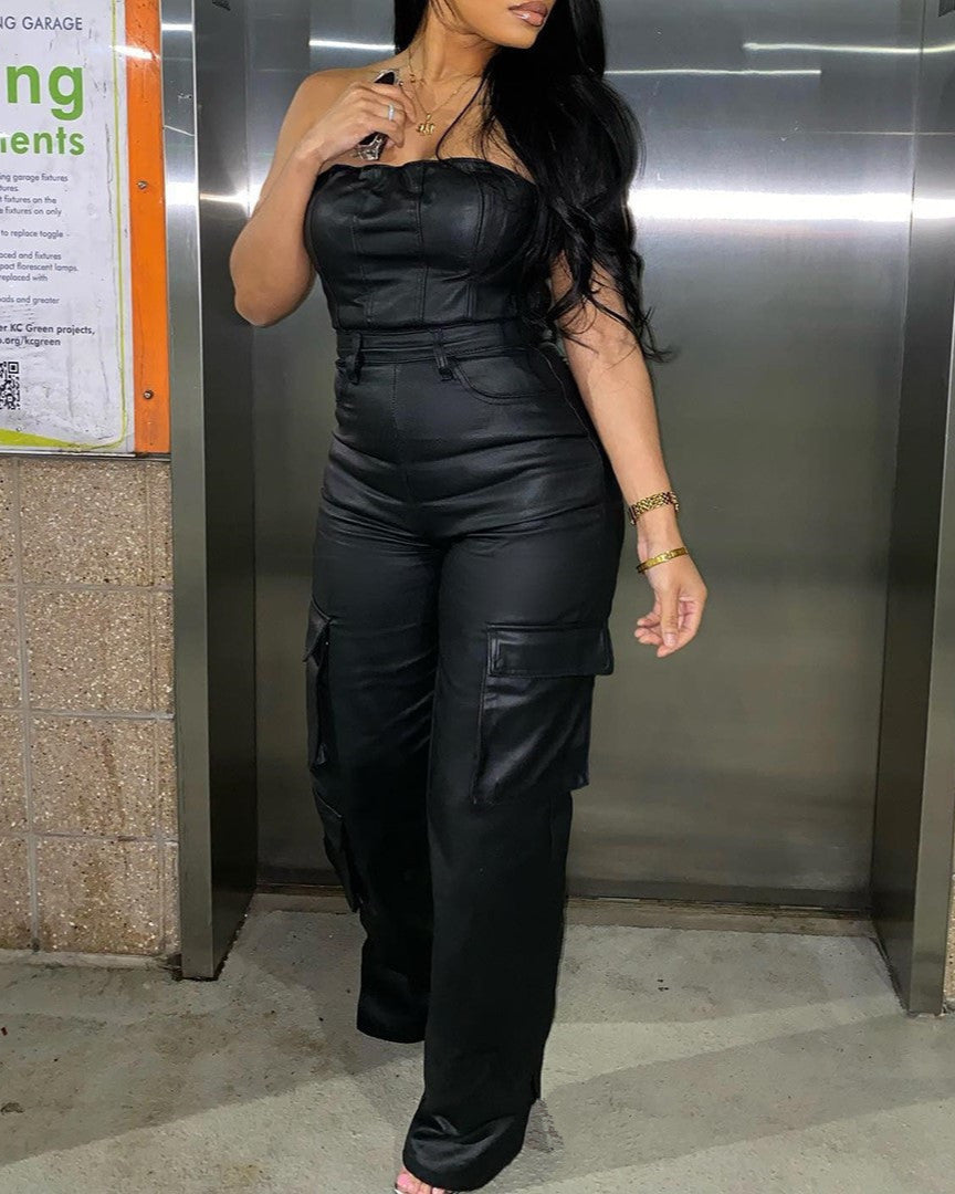 Cargo Leather Jumpsuit BLACK M