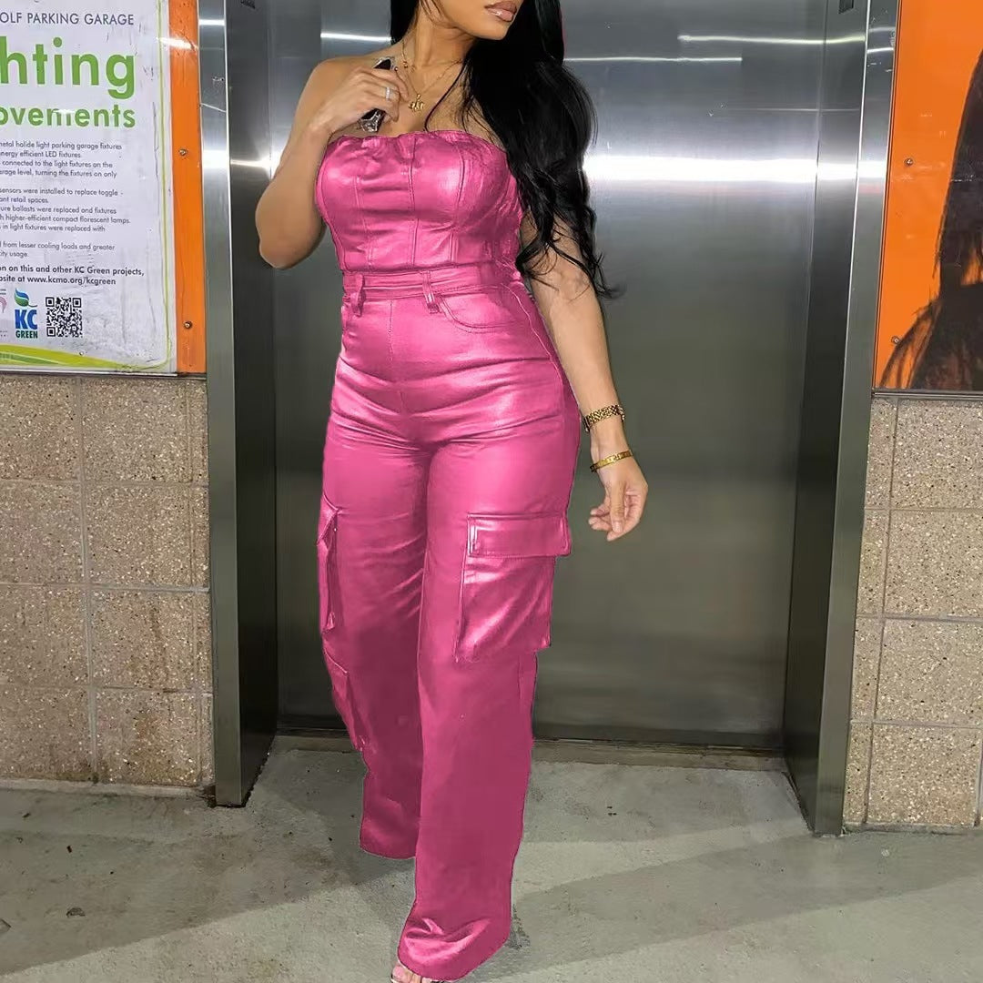 Cargo Leather Jumpsuit PINK M