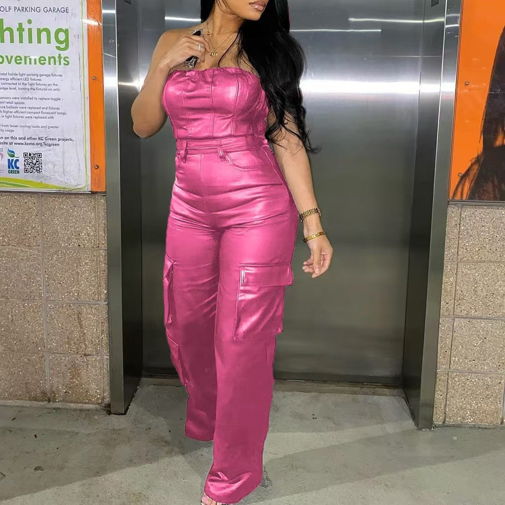 Cargo Leather Jumpsuit PINK M