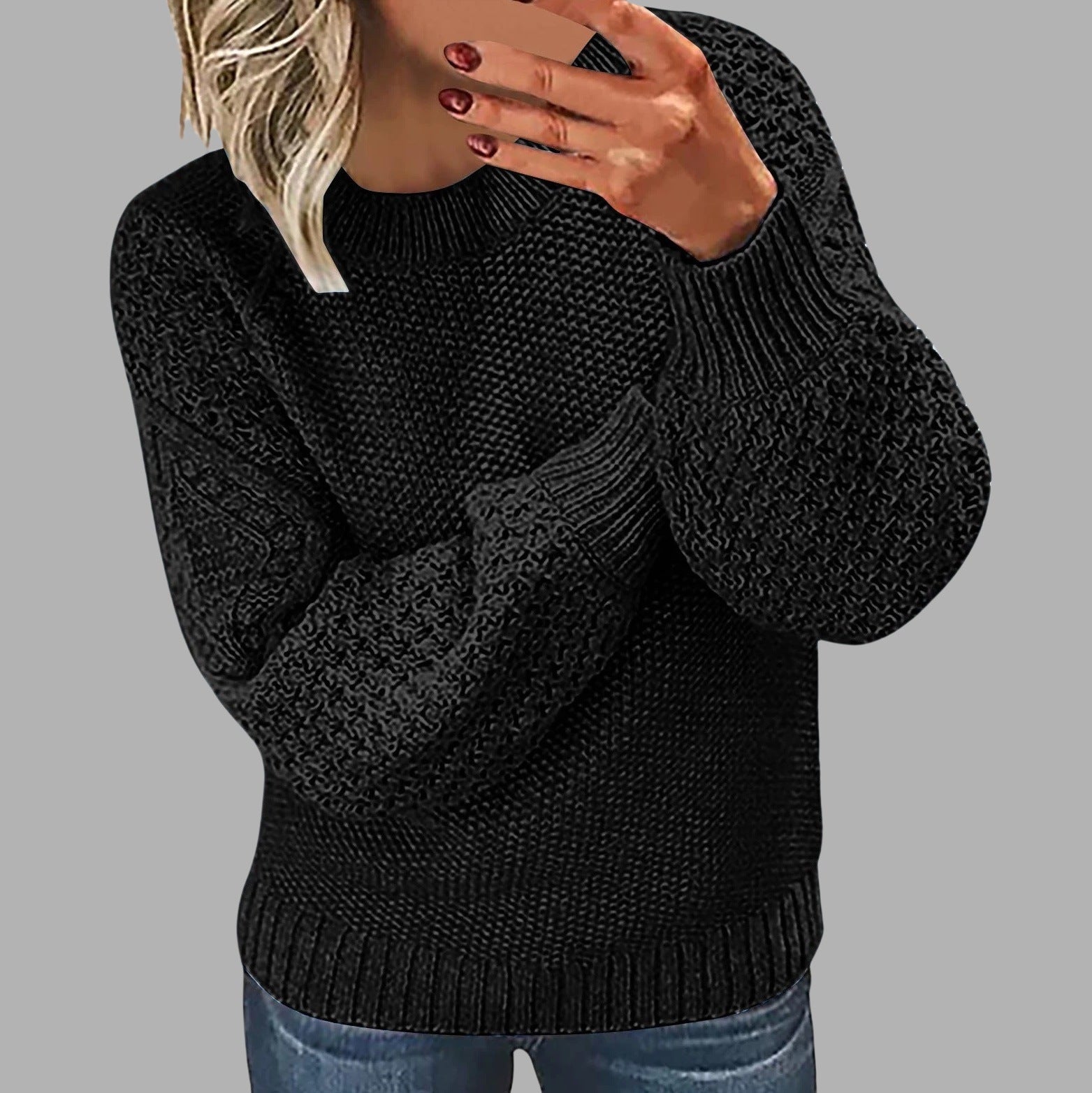 Solid-color knit pullover Round-neck knit sweater