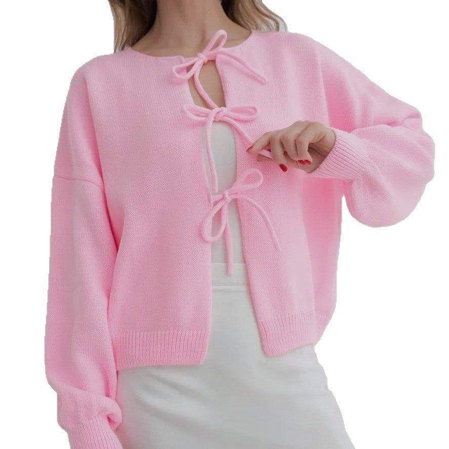 Casual Oversized Cardigan with Tie-Front in Solid Color Knit Sweater