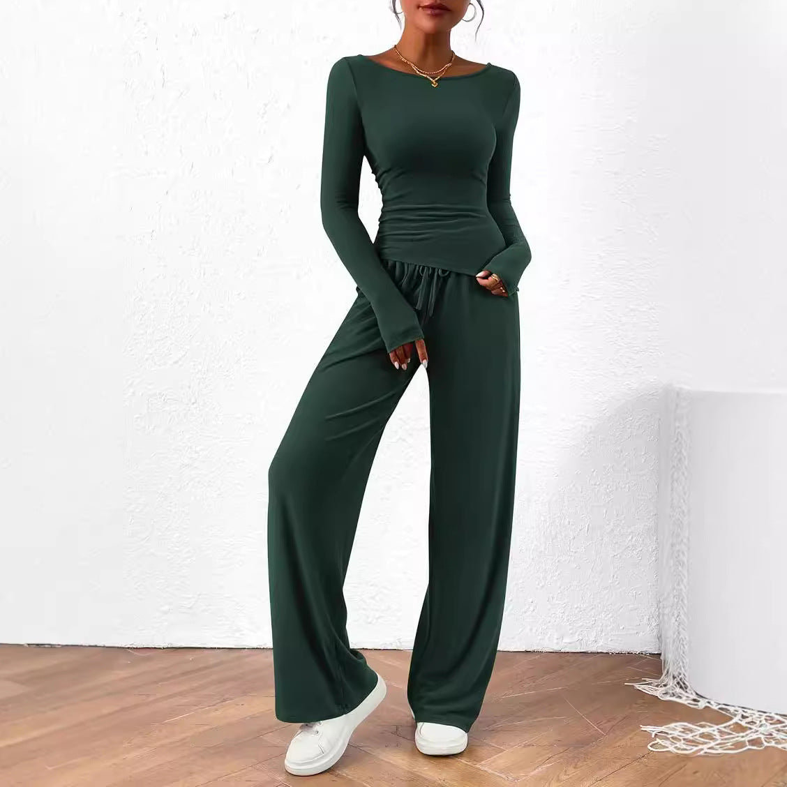 Asymmetrical Long-Sleeve T-Shirt and Wide-Leg Pants Casual Set