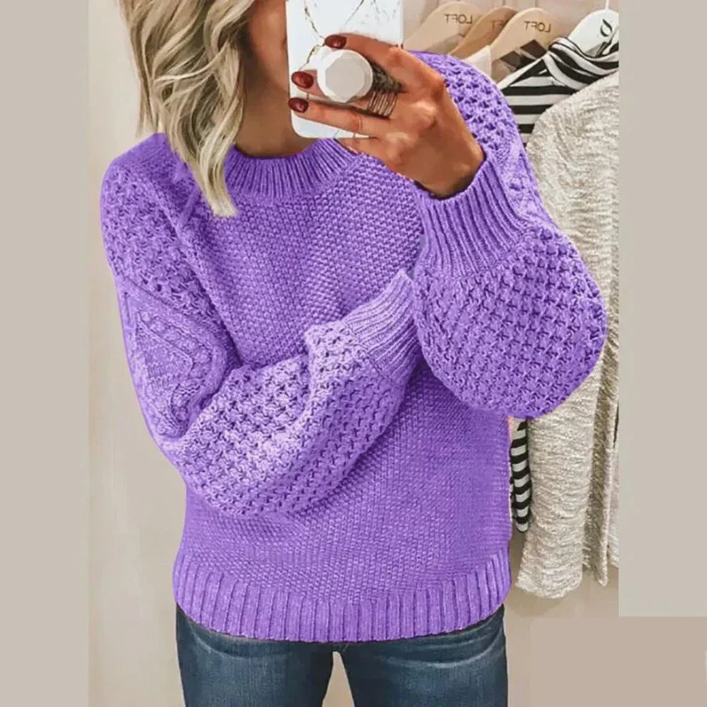 Solid-color knit pullover Round-neck knit sweater