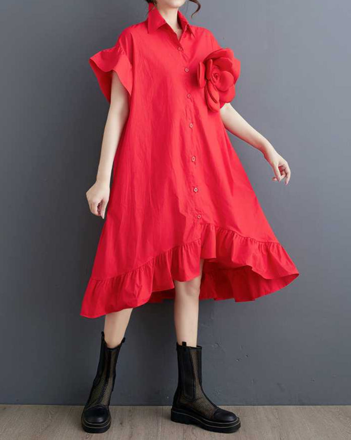 Collared Plain Flower Shirt Dress RED