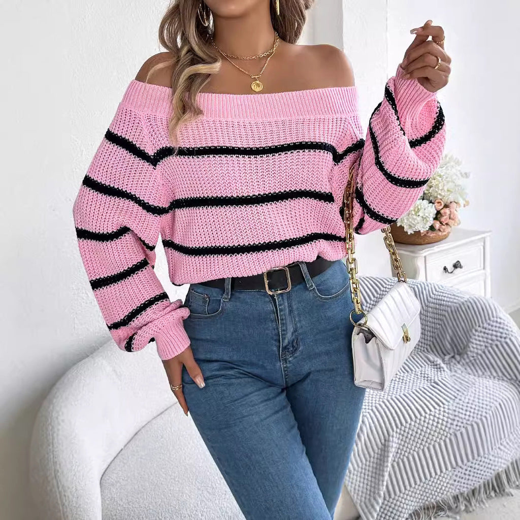 Striped Off-the-Shoulder Sweater with Bell Sleeves