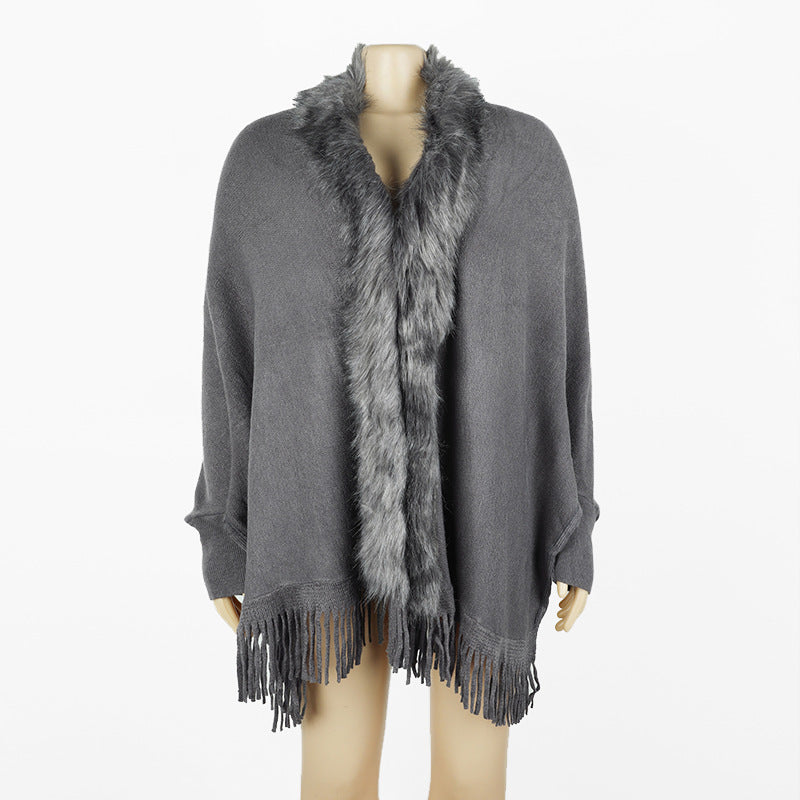 Fuzzy Batwing Fringe Cape Shawl Sweater