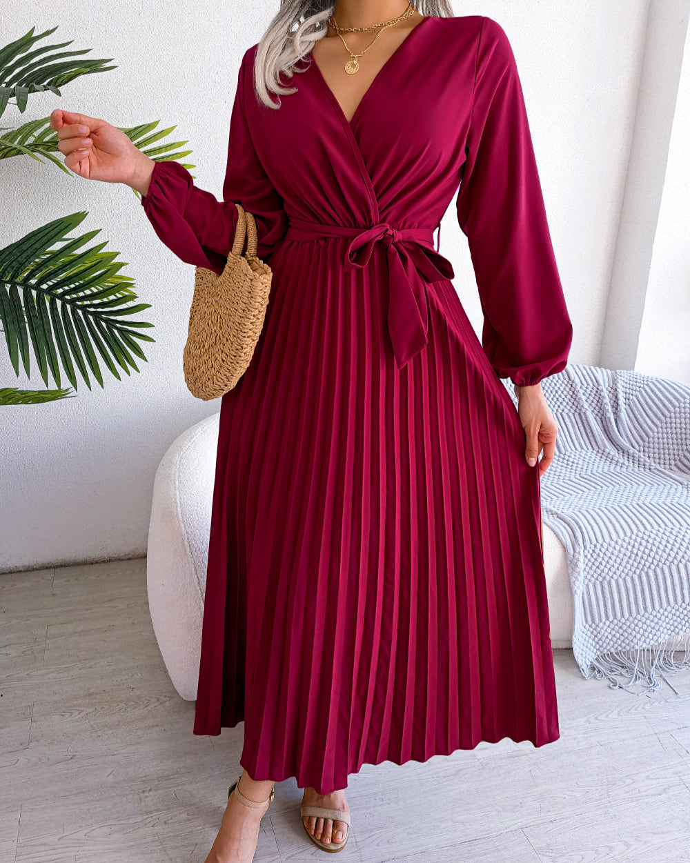 Deep V-Neck Pleated Dress Rose