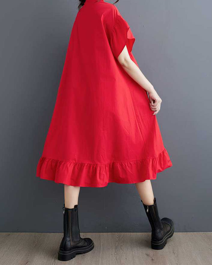 Collared Plain Flower Shirt Dress