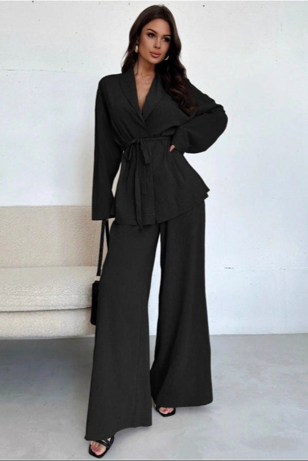 V-neck Elegant Long-Sleeve Wide-Leg Pantsuit