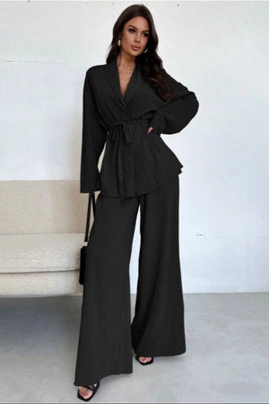 V-neck Elegant Long-Sleeve Wide-Leg Pantsuit