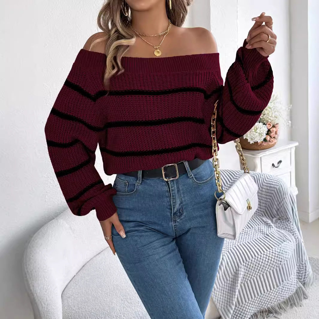 Striped Off-the-Shoulder Sweater with Bell Sleeves