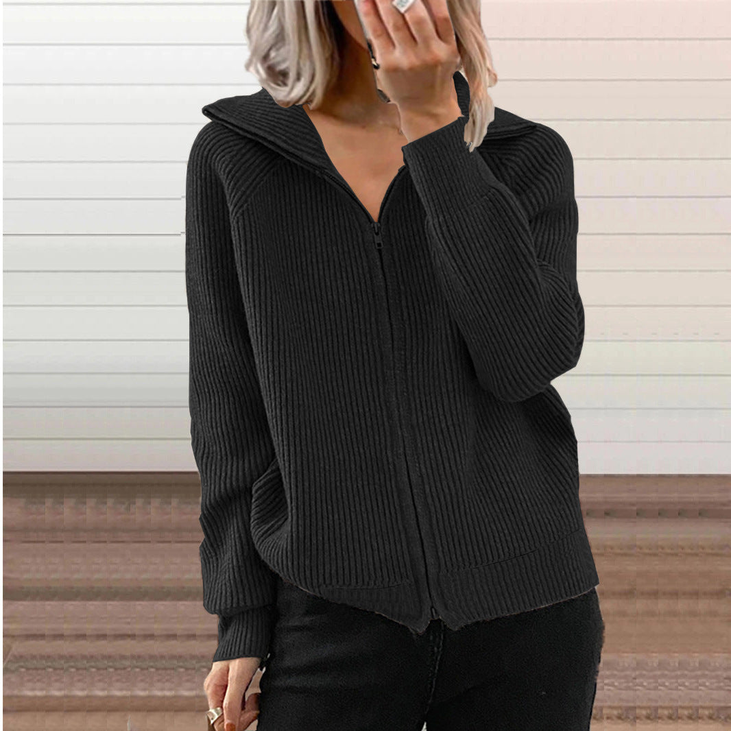 Zipper-Front Cardigan with Collar Knit Sweater
