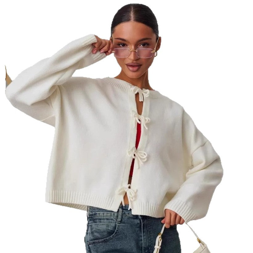Autumn Casual Oversized Cardigan with Tie-Front in Solid Color Knit Sweater