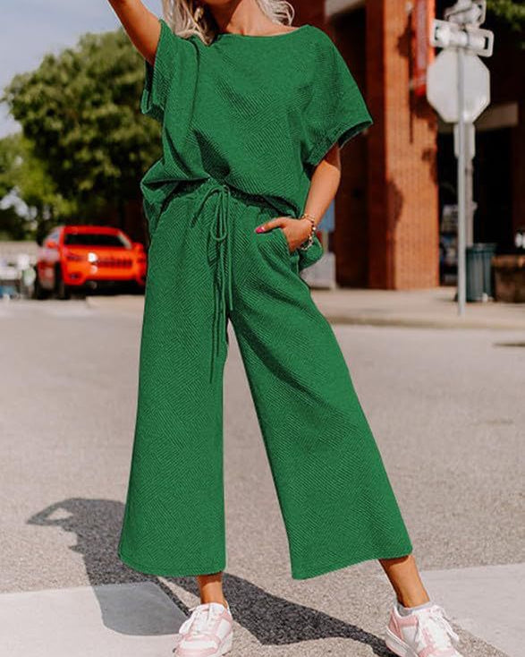 Textured Loose Fit Pants Set GREEN