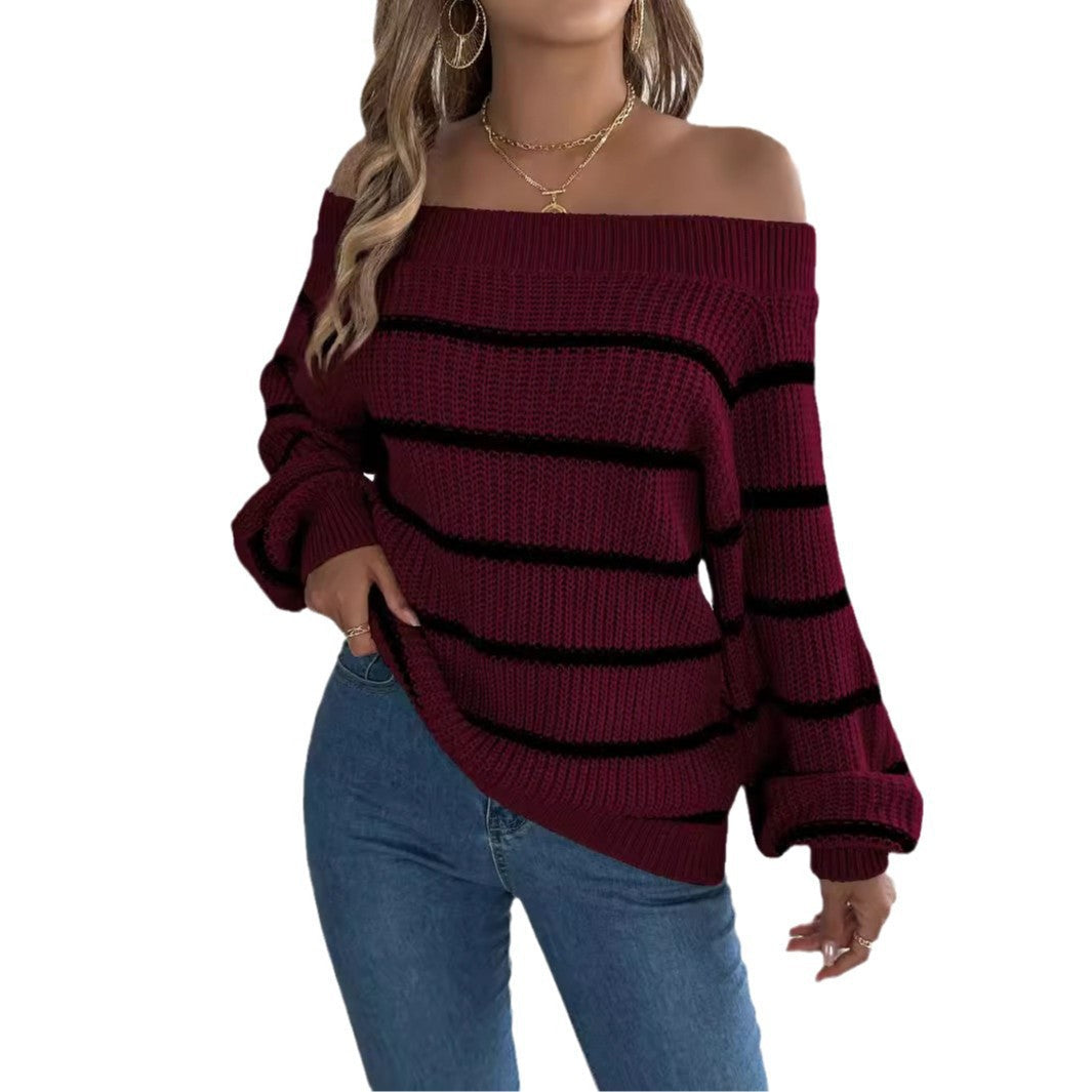 Striped Off-the-Shoulder Sweater with Bell Sleeves