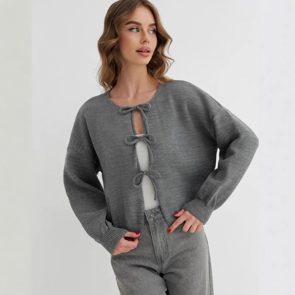 Casual Oversized Cardigan with Tie-Front in Solid Color Knit Sweater