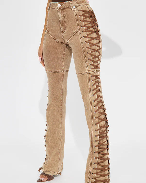 STAND OUT LACED UP JEANS Khaki