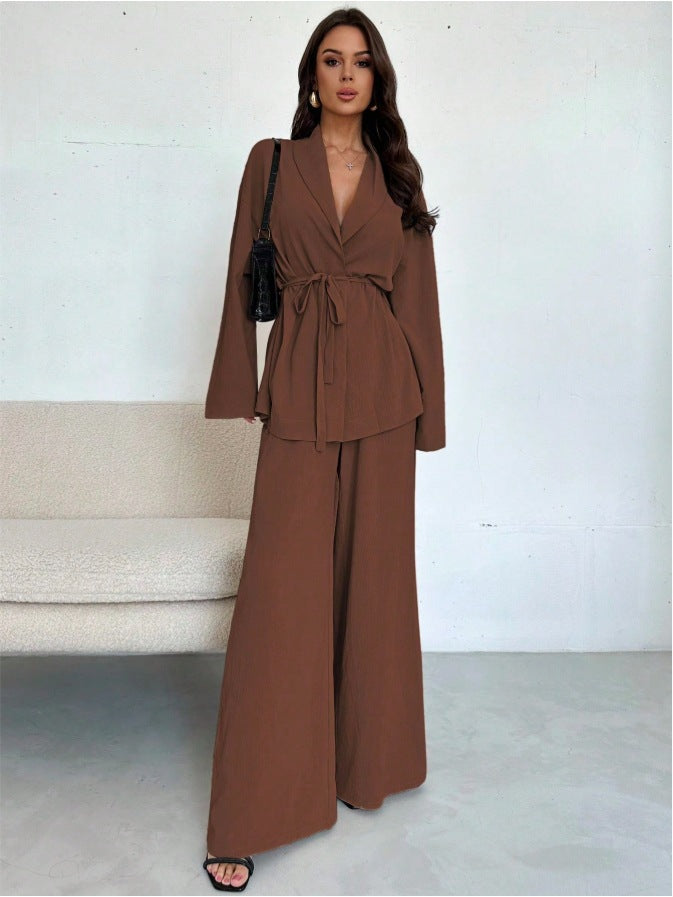 V-neck Elegant Long-Sleeve Wide-Leg Pantsuit