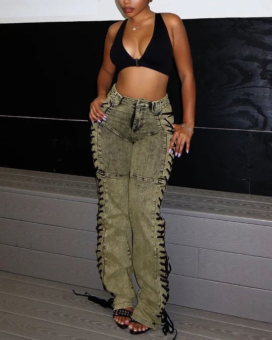 STAND OUT LACED UP JEANS Green