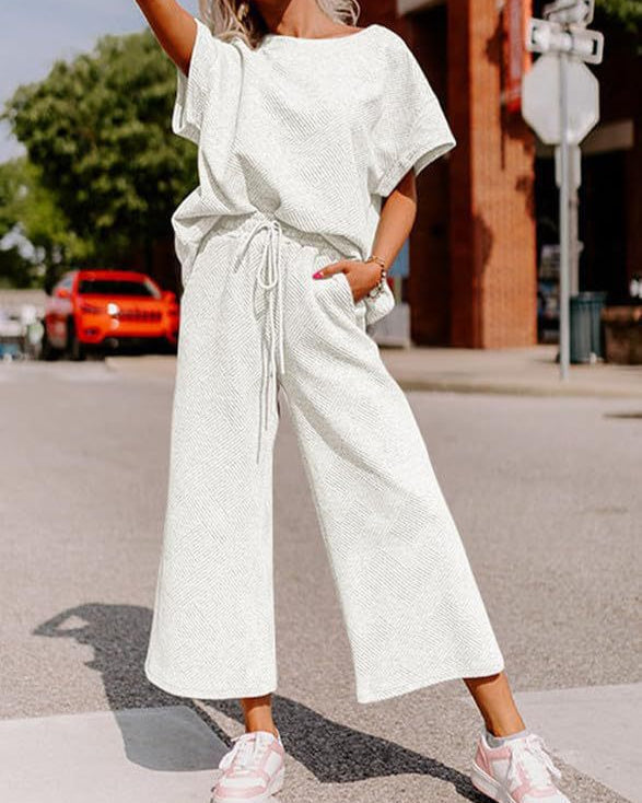 Textured Loose Fit Pants Set WHITE