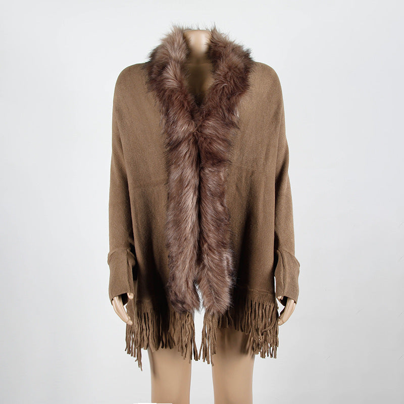 Fuzzy Batwing Fringe Cape Shawl Sweater