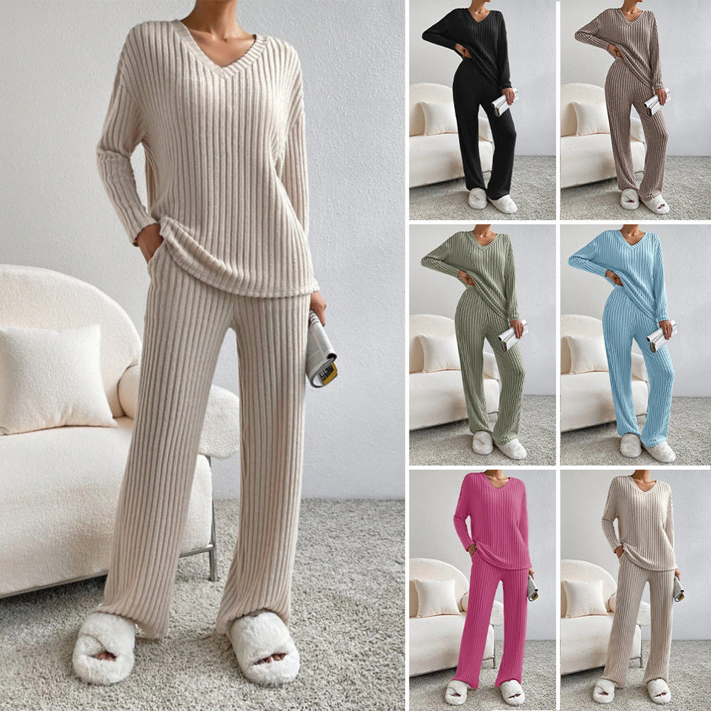 Straight-leg Pants With Relaxed Fit V-Neck Ribbed Knit Set