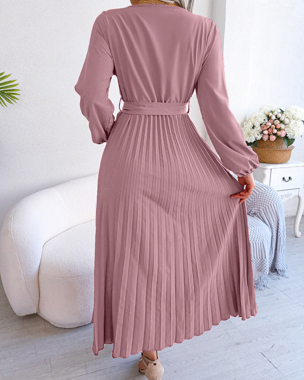 Deep V-Neck Pleated Dress