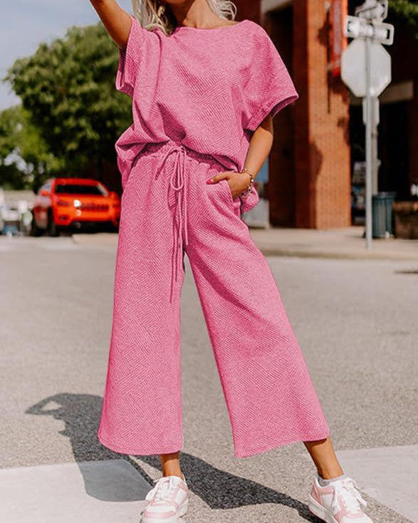 Textured Loose Fit Pants Set PINK