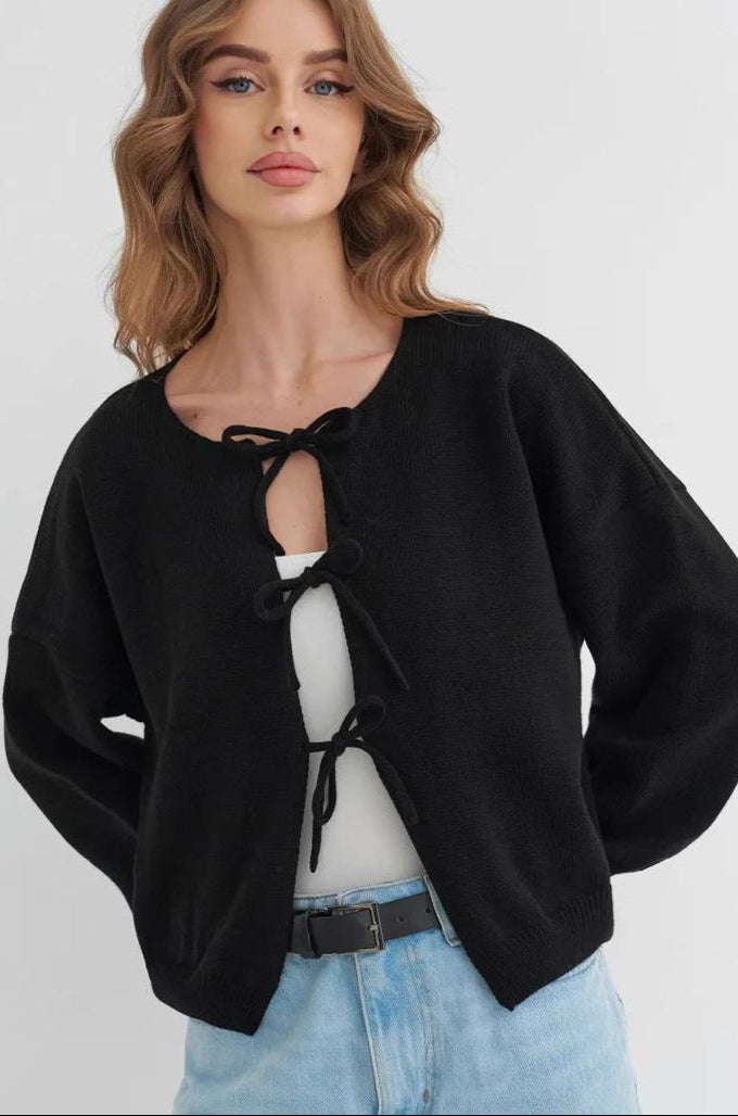 Casual Oversized Cardigan with Tie-Front in Solid Color Knit Sweater