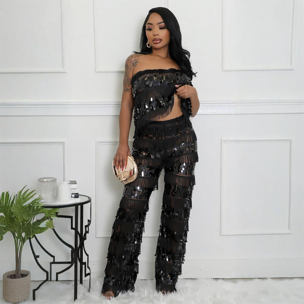 Strapless Top Paired With Loose-fitting Pants Two-piece Set
