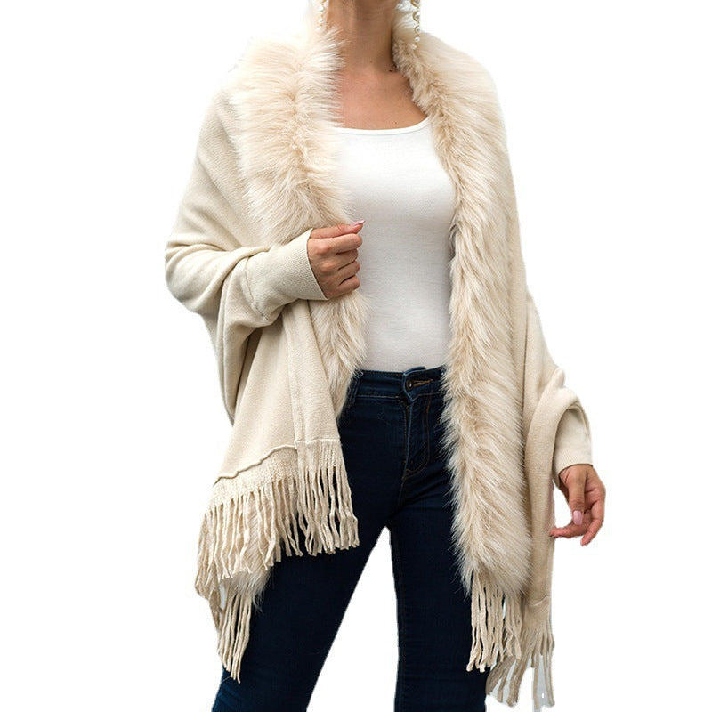 Fuzzy Batwing Fringe Cape Shawl Sweater