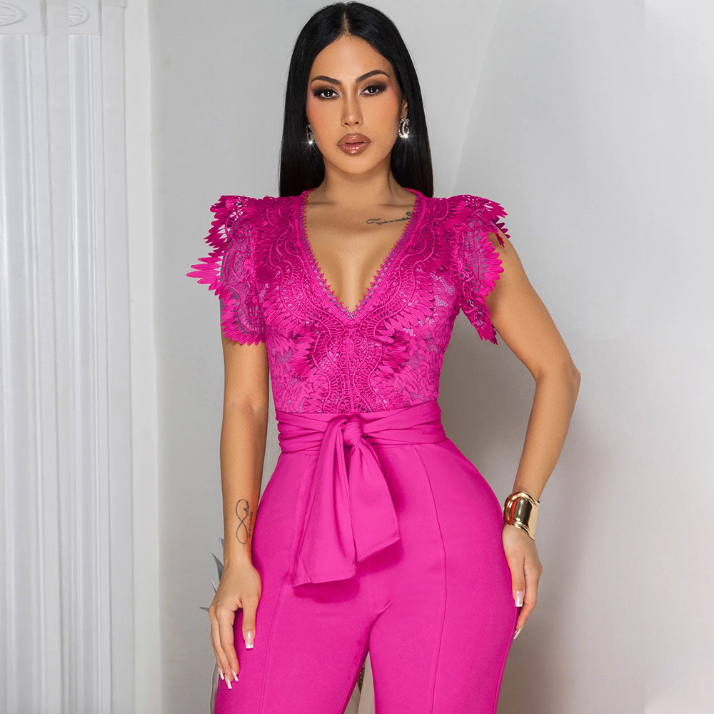 V-neck Sleeveless Solid-Color Jumpsuit