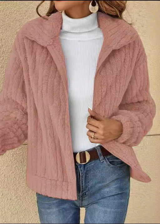Short-Length Fleece Cardigan with Lapel Collar