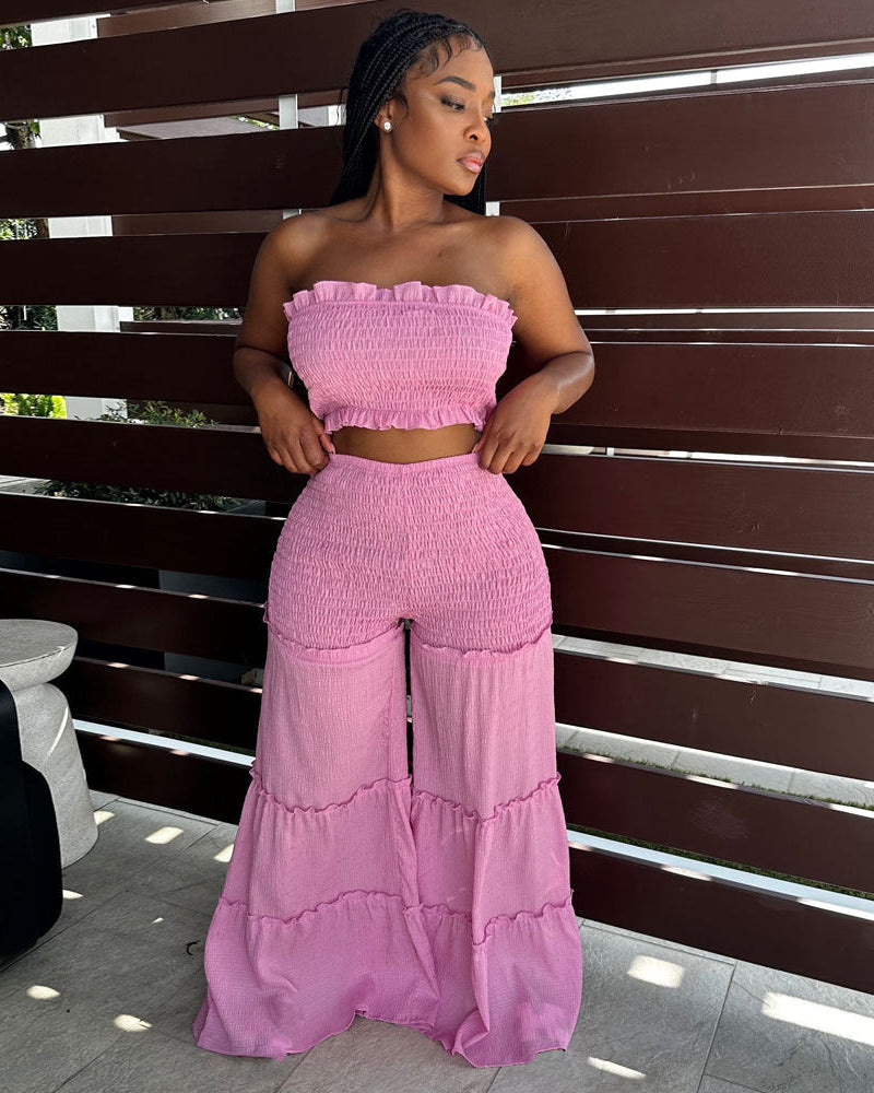 Smocked Bandeau Pants Set Pink