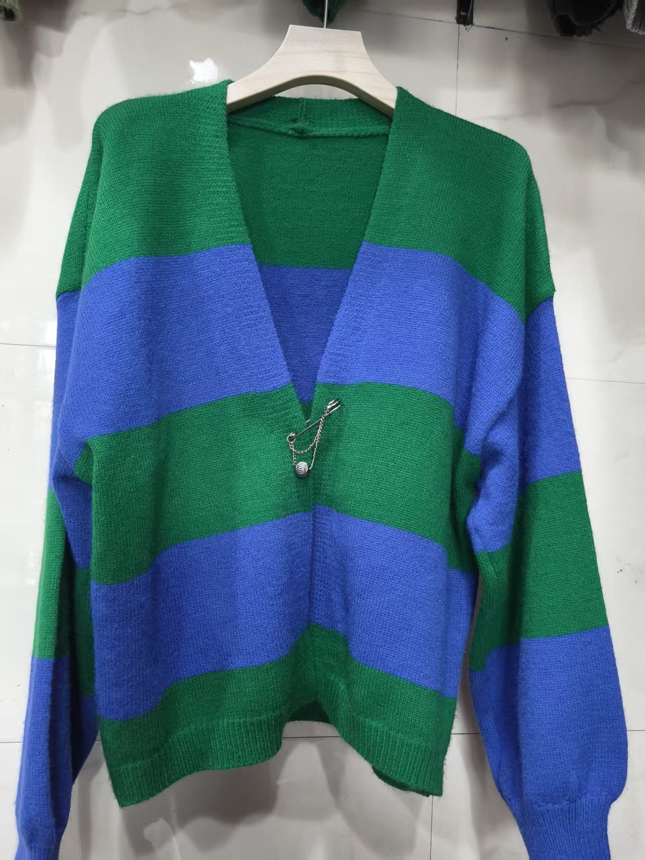 Contrast-Striped Cardigan Knit Sweater
