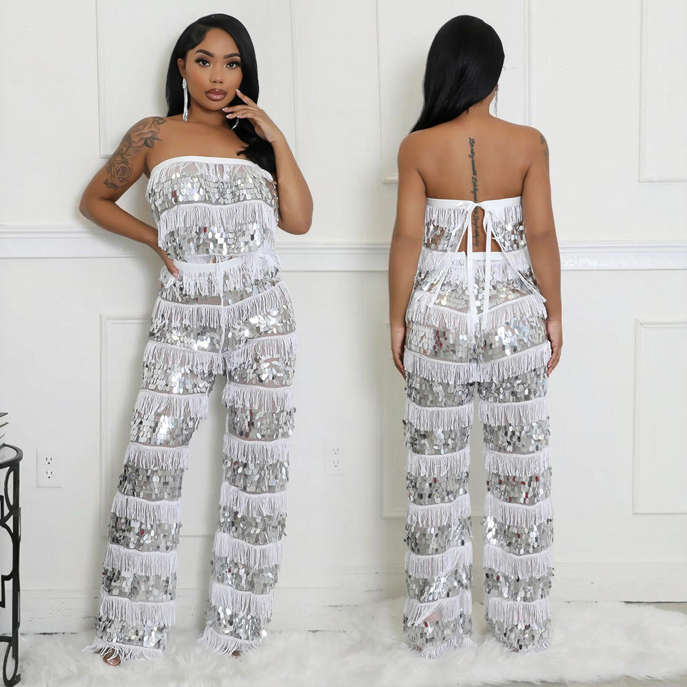 Strapless Top Paired With Loose-fitting Pants Two-piece Set
