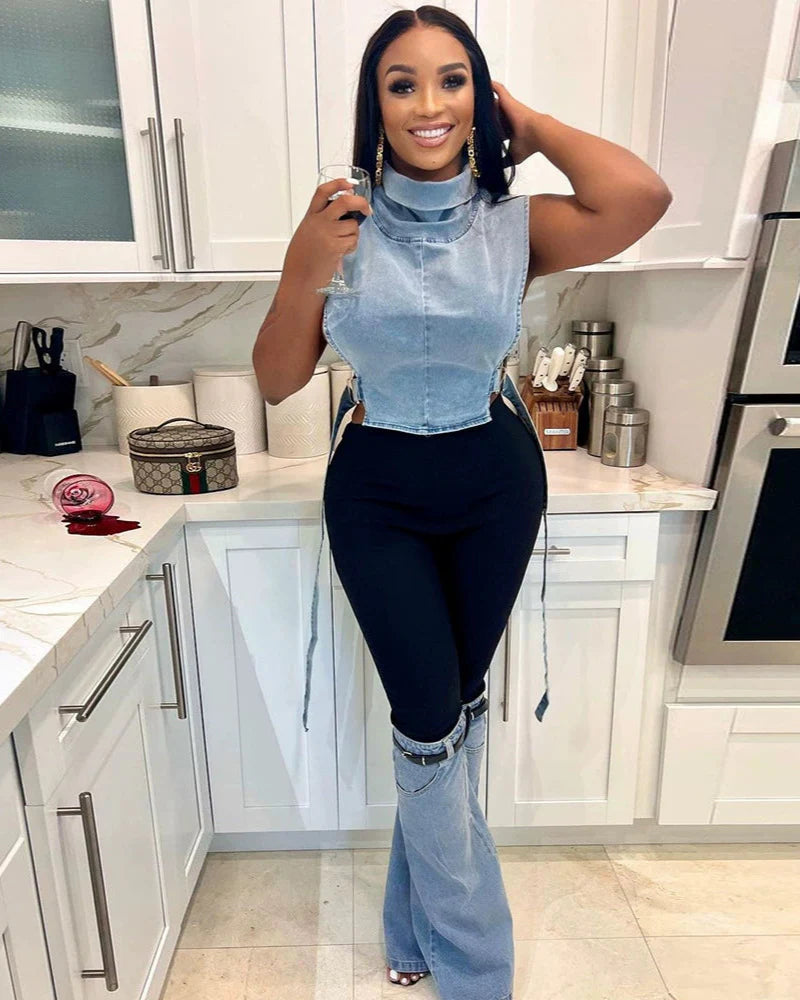 EXTREME STRETCH PATCHWORK WIDE LEG JEANS Blue