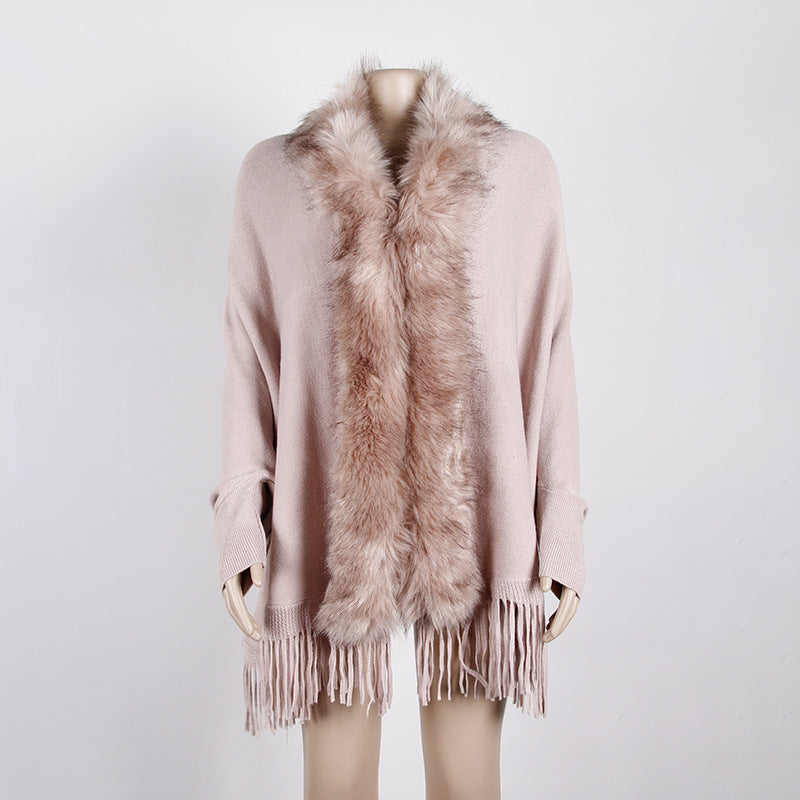 Fuzzy Batwing Fringe Cape Shawl Sweater