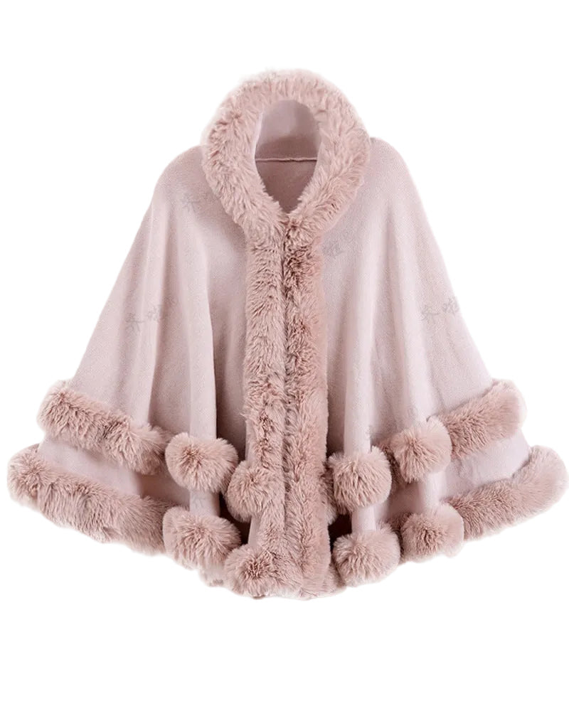 Faux Fur Trim Hooded Cape Poncho