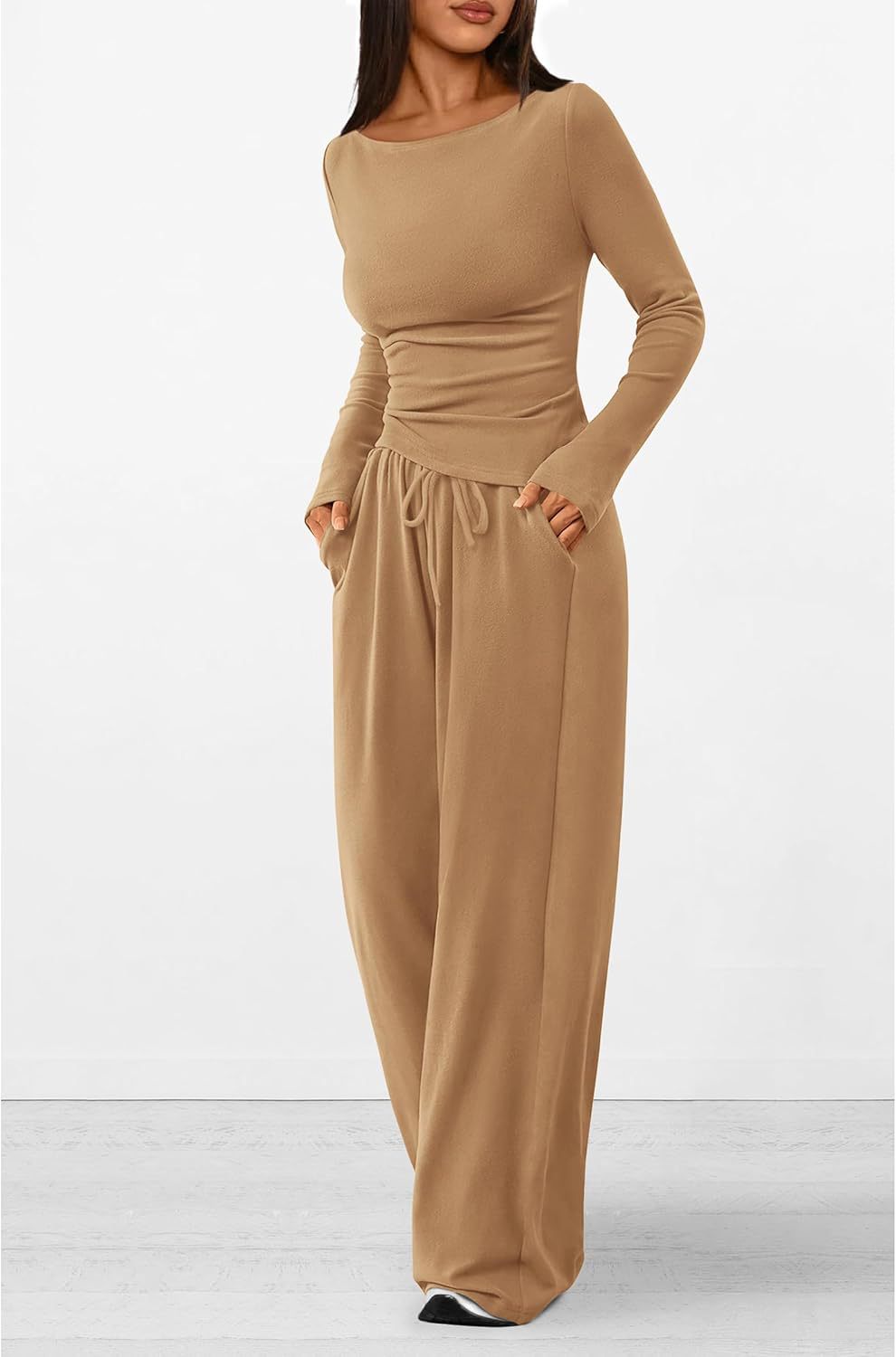 Asymmetrical Long-Sleeve T-Shirt and Wide-Leg Pants Casual Set